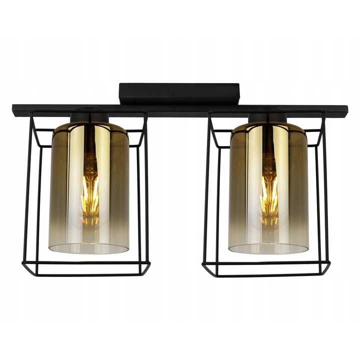 Plafoniera suspendata, Light Home, Hella Cage, reglabile, Lungime 23 cm, Abajur 14 cm, E27, 2 punct de lumina, sticla, Negru/Auriu