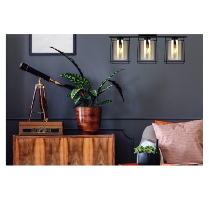 Plafoniera suspendata, Light Home, Hella Cage, reglabile, Lungime 23 cm, Abajur 14 cm, E27, 3 punct de lumina, sticla, Negru/Cupru