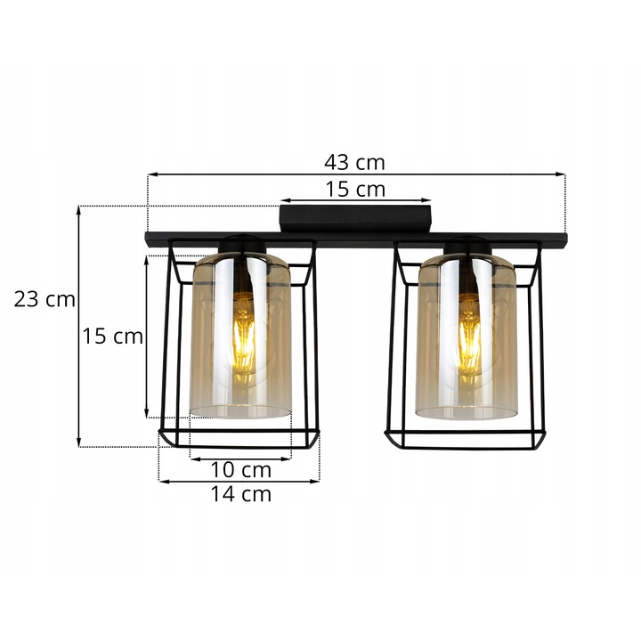Plafoniera suspendata, Light Home, Hella Cage, reglabile, Lungime 23 cm, Abajur 14 cm, E27, 2 punct de lumina, sticla, Negru/Cupru