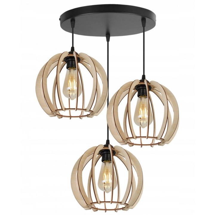 Троен полилей Light Home, Метал/дърво, E27 цокъл, 50 см, Черен/кафяв