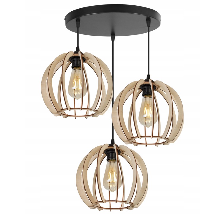 Pendul triplu Crystal Cage, Light Home, Metal/Lemn, Soclu E 27, 50 cm, Negru/Maro