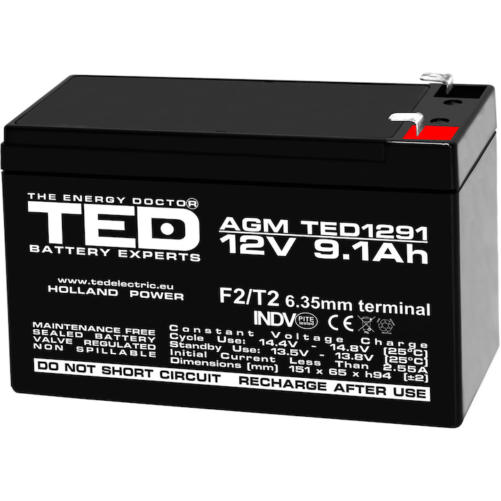 Acumulator Stationar Etans AGM VRLA 12V 9.1A F2 T2, Dimensiuni 151mm x 65mm x h94mm, Pentru Navomodel, TED Electric
