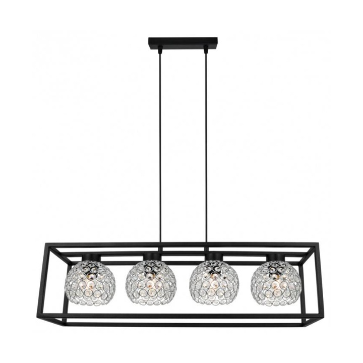 Plafoniera suspendata, Light Home, Crystal cage, reglabile, Lungime 90 cm, Latime 75 cm, Abajur 12 cm, E27, 4 punct de lumina, metal, Negru/Transparent