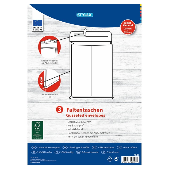 Set 3 plicuri B4 albe siliconice 250x353 mm Stylex, 120 gr/mp spate carton dur