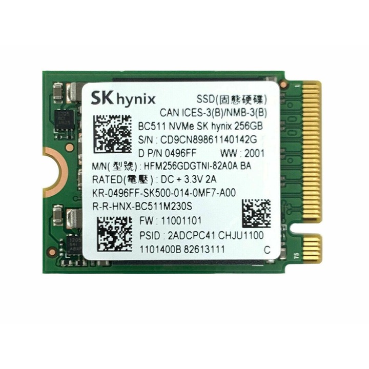 SK Hynix SSD, 256 GB, BC511 NVMe, PCIe Gen3 x4, formátum 2230, 30 mm