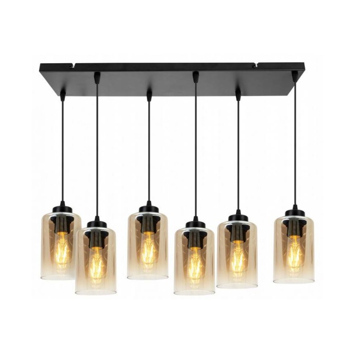 Plafoniera suspendata, Light Home, Hella, reglabile, Lungime 90 cm, Latime 65 cm, Abajur 10 cm, E27, 6 punct de lumina, sticla, Negru/Auriu