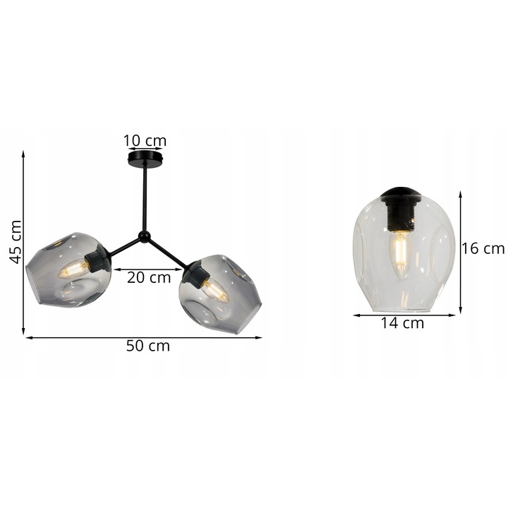 Lustra moderna, Light Home, Metal/Sticla, 45 cm, Abajur asimetric, E27, Negru/Transparent