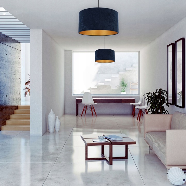 Plafoniera suspendata cu abajur, Light Home, Mediolan, reglabile, Lungime 100 cm, Latime 40 cm, Abajur 40 cm, E27, 1 punct de lumina, material textil, Albastru marin/Auriu