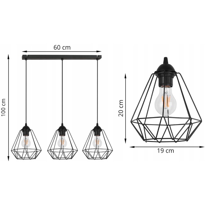 Lustra ajustabila cu 3 brate, Light Home, CORRAL, Desing loft, E27, Numarul de puncte luminoase 3, Iluminat interior, Latime 19cm, Lungime 60 cm, Metal, Negru