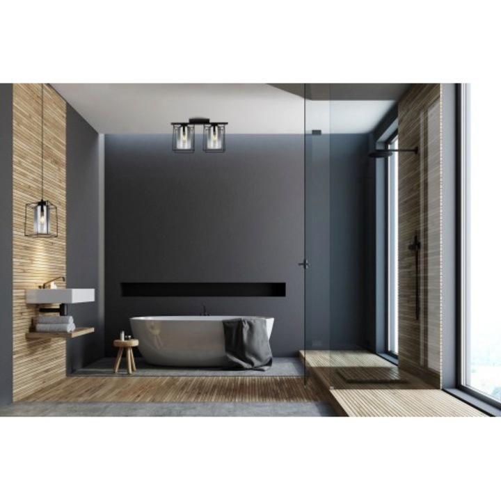 Plafoniera suspendata, Light Home, Hella Cage, reglabile, Lungime 23 cm, Abajur 14 cm, E27, 2 punct de lumina, sticla, Negru/Crom