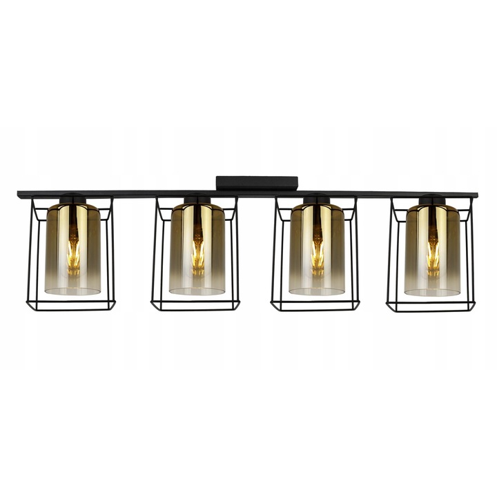 Plafoniera suspendata, Light Home, Hella Cage, reglabile, Lungime 23 cm, Abajur 14 cm, E27, 4 punct de lumina, sticla, Negru/Auriu