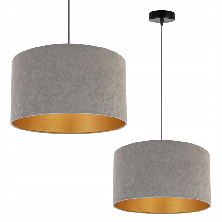 Plafoniera suspendata cu abajur, Light Home, Mediolan, reglabile, Lungime 100 cm, Latime 35 cm, Abajur 35 cm, E27, 1 punct de lumina, material textil, Gri/Auriu