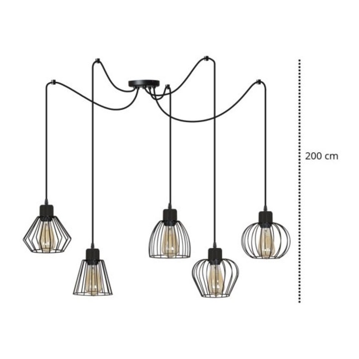 Lustra suspendata, Light Home, 5 puncte de lumina, E27, 230V, 60W, 200cm, Clasa A, LED, Metal, Negru