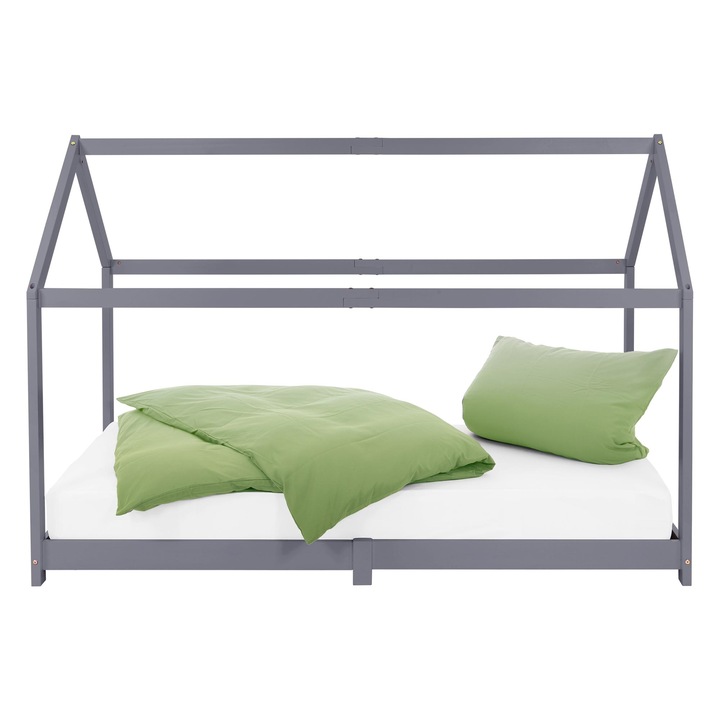 Játékos házi ágy FSC minősítésű fenyőfából, ML-Design, 206,5 x 141,5 x 98 cm, világosszürke, skandináv design, stabil és robusztus felépítés