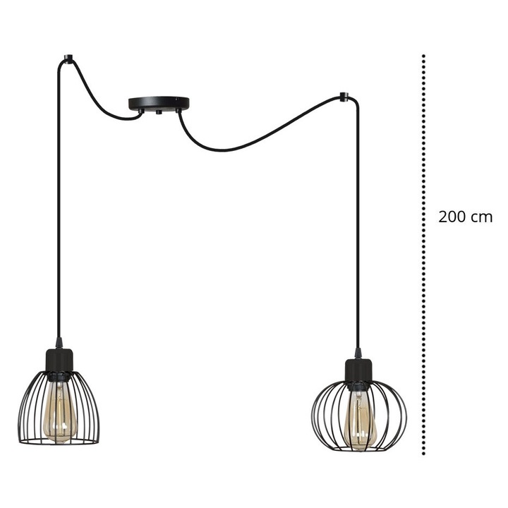 Lustra suspendata, Light Home, 2 puncte de lumina, E27, 230V, 60W, 200cm, Clasa A, LED, Metal, Negru