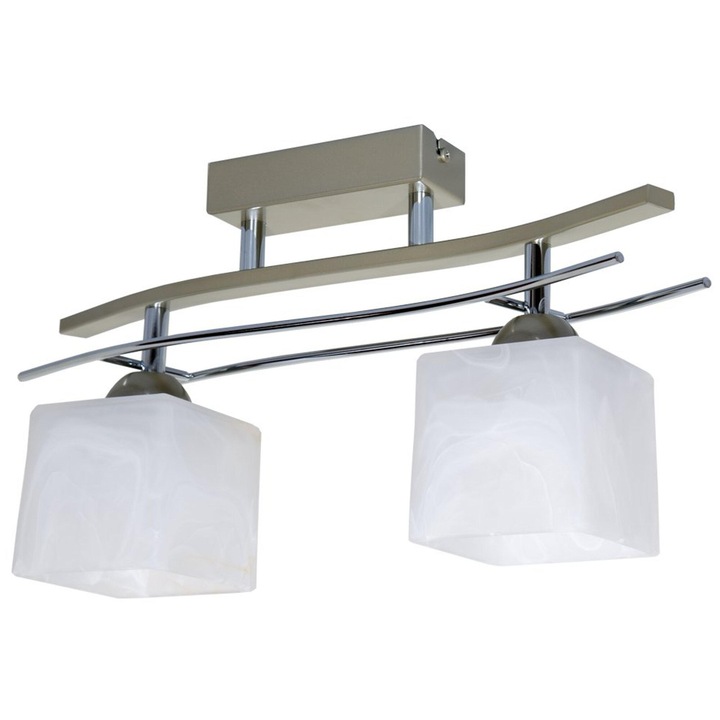 Plafoniera, Light Home, Metal/Sticla, Abajur dreptunghiular, Elemente cromate, E27, Satin/Argintiu/Alb
