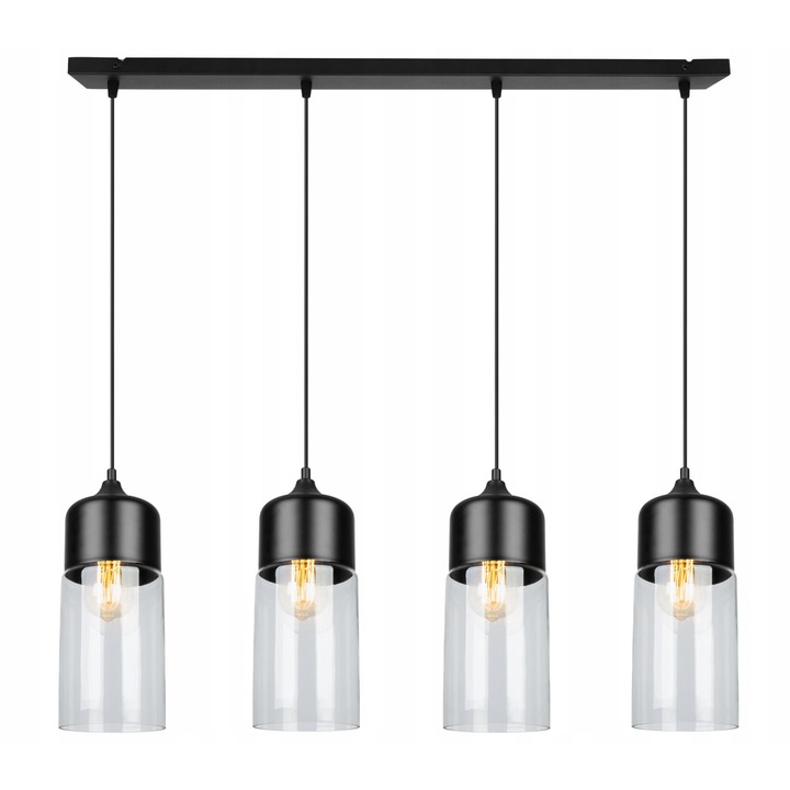 Plafoniera suspendata, LightHome, Oslo, LED, Retea de alimentare, 60 W, 4 puncte luminoase, 13 cm, 100x85 cm, E27, sticla, Negru/Transparent