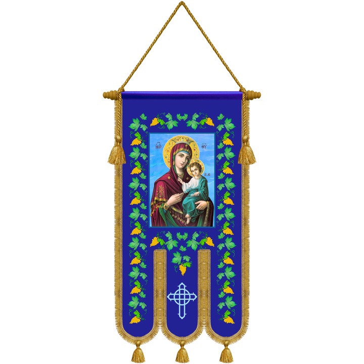 Prapur steag bisericesc cu Maica Domnului si Botezul Domnului, model realist, 54 x 100 cm