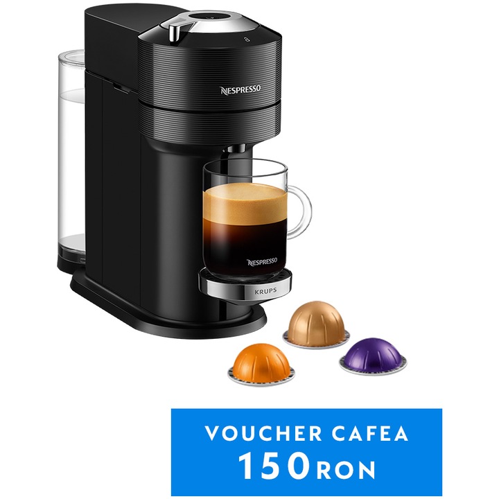 Espressor KRUPS cu capsule Nespresso Vertuo Next Premium XN910810, 19 Bar, 1500W, Centrifusion™, Conectare la telefon, 1.1L, Negru + set capsule degustare