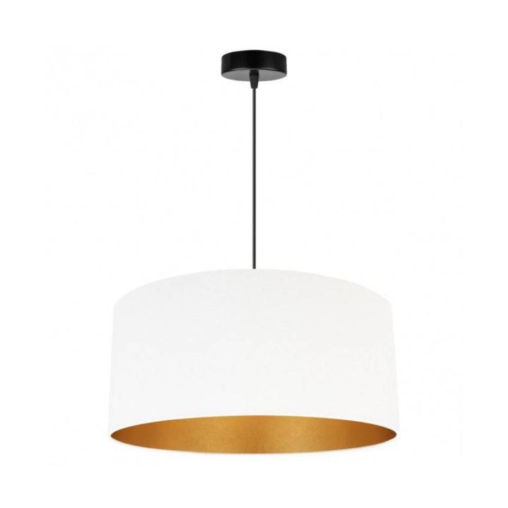 Plafoniera suspendata cu abajur, Light Home, Mediolan, reglabile, Lungime 100 cm, Latime 44 cm, Abajur 44 cm, E27, 1 punct de lumina, material textil, Alb/Auriu