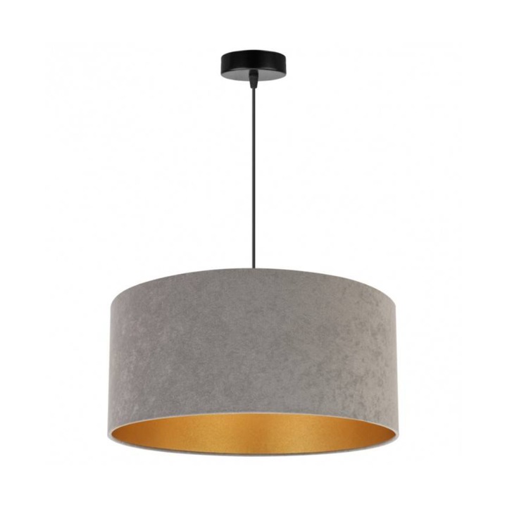 Plafoniera suspendata cu abajur, Light Home, Mediolan, reglabile, Lungime 100 cm, Latime 44 cm, Abajur 44 cm, E27, 1 punct de lumina, material textil, Gri/Auriu