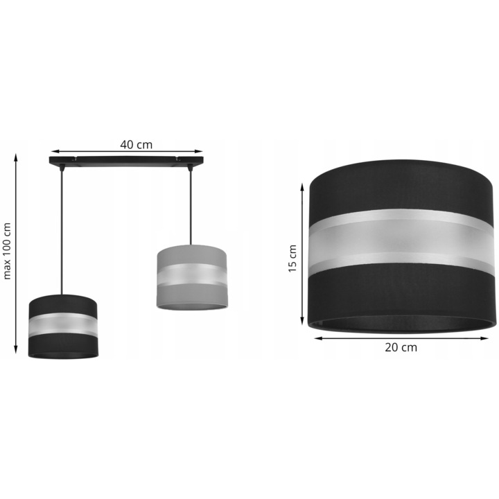 Plafoniera suspendata, Light Home, Elegance, reglabile, Lungime 100 cm, Abajur 20 cm, E27, 2 punct de lumina, material textil, Negru/Gri