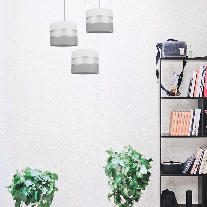 Plafoniera suspendata, Light Home, Elegance, reglabile, Lungime 100 cm, Latime 30 cm, Abajur 20 cm, E27, 3 punct de lumina, material textil, Alb/Gri/Negru