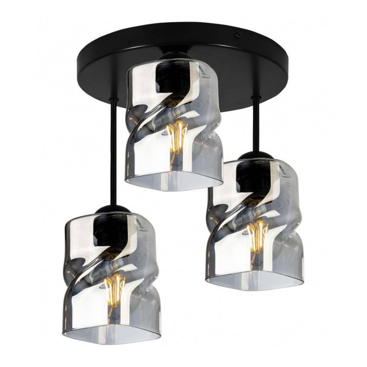 Plafoniera suspendata, LightHome, Niki, Retea de alimentare, 60 W, 3 puncte luminoase, 10 cm, 37x34 cm, E27, sticla, Crom/Negru