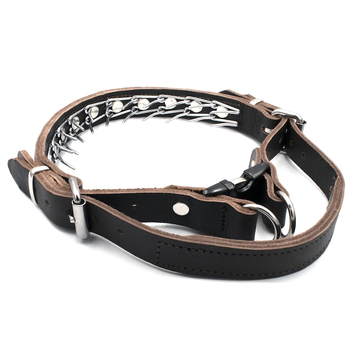 SK9 Szöges nyakörv, 2 az 1-ben, levehető fogantyúval, bőr és micro-szögekkel, L méret, barna