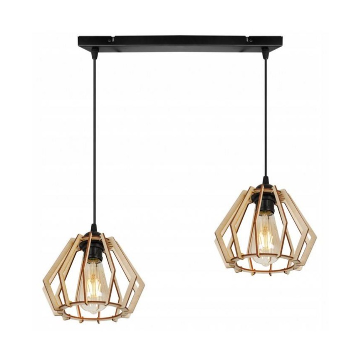 Lustra suspendata, Light Home, Cu 2 abajururi reglabile, 90 cm, Lemn/Metal, Negru