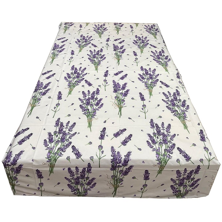 Cearceaf ranforce alb/mov 210x240cm pentru pat mediu, pentru saltea intre 140-160 cm, "Lavender" din bumbac ranforce, by Liz Line - CR210222