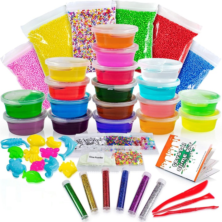 Kit creativ Giftry®, slime colorat, margele, pulbere fosforescenta, 5-12 ani