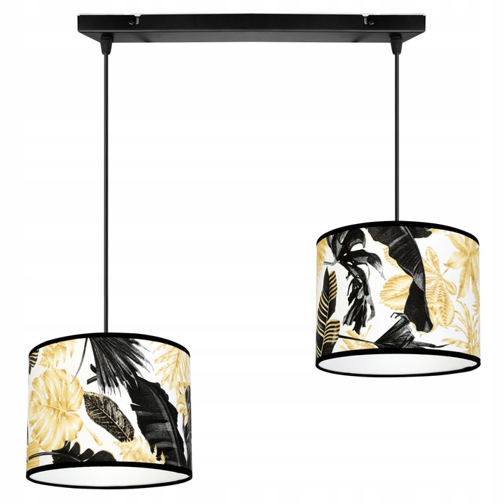 Plafoniera suspendata cu abajur, Light Home, Gold flowers, reglabile, Lungime 90 cm, Latime 50 cm, Abajur 20 cm, E27, 2 punct de lumina, material textil, Alb/Negru/Auriu