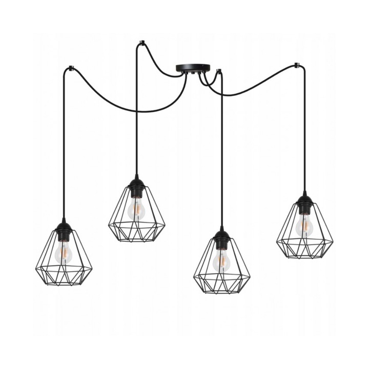 Lustra suspendata, Light Home, Cu 4 abajururi, E27, Regalbila, 200 cm, Metal, Negru
