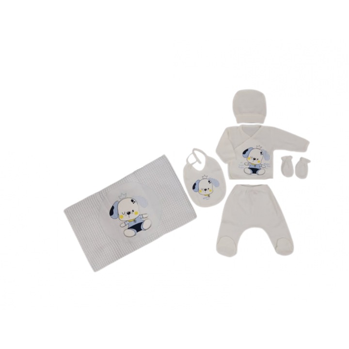 Compleu copii, 6 piese, cu paturica, Bubu-Still, 1-3 luni, alb albastru