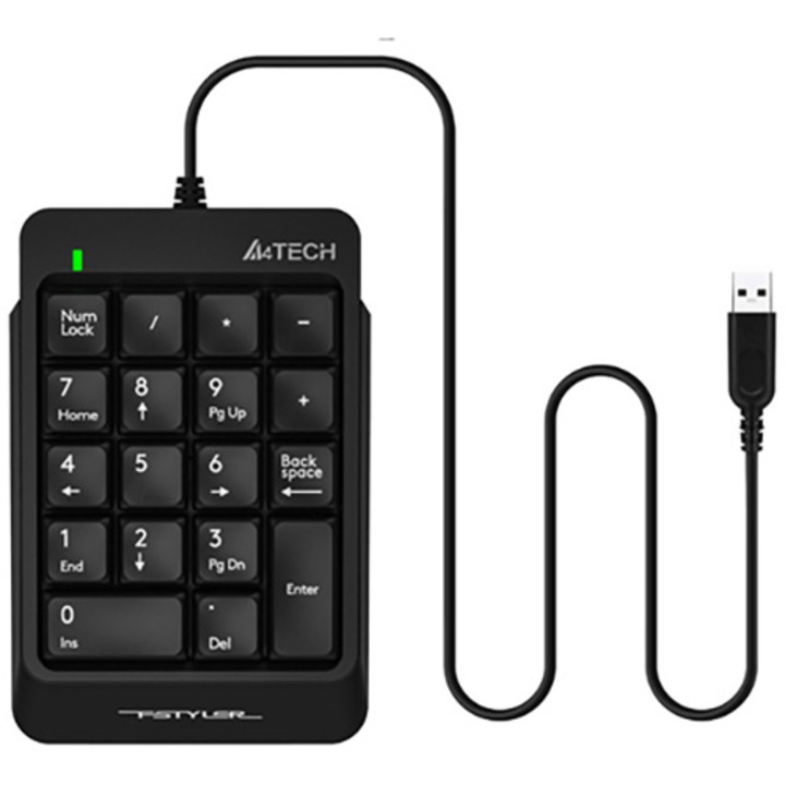 Tastatura numerica A4tech Fstyler, 18 taste, USB, 150cm, compact design, Negru