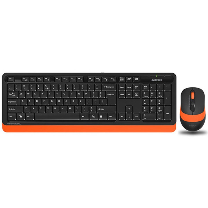 Kit Tastatura si Mouse A4tech, Fstyler FG10+FGK10, wireless, 104 taste format standard, Mouse 2000dpi, 4/1 butoane, Negru/Portocaliu