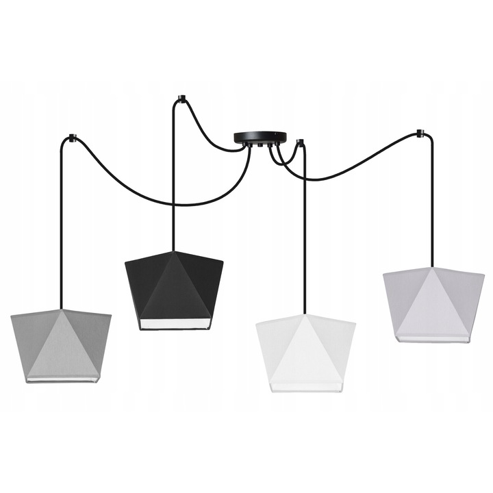 Lustra suspendata tip candelabru, Light Home, Cu 4 abajururi, 200 cm, Alb/Negru/Gri