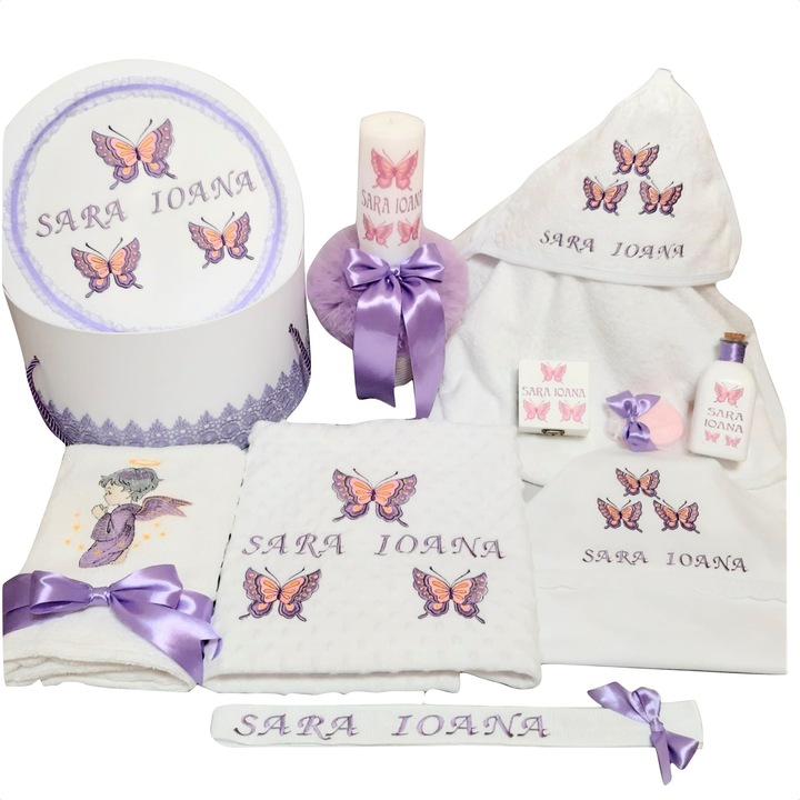 Trusou botez personalizat pentru fete Fluturasi Mov cu Lumanare si Cutie Trusou