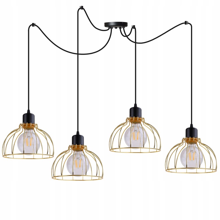 Lustra suspendata, Light Home, Cu 4 abajururi, E27, 200 cm, Metal, Negru/Auriu