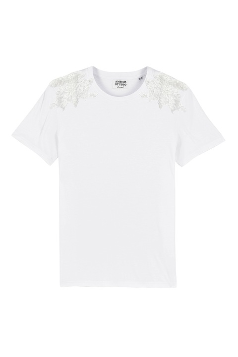 ambar studio, Tricou din bumbac organic si detalii din dantela, Alb, S
