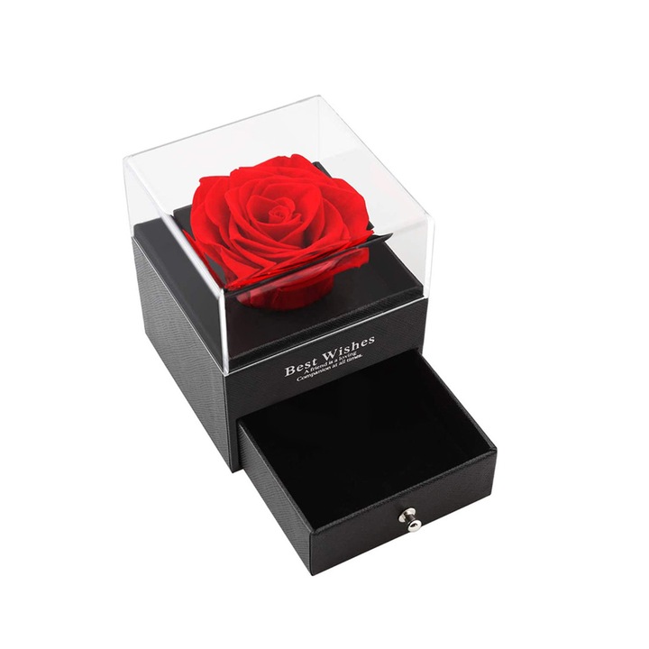Trandafir de sapun, in cutie tip sertar pentru accesorii bijuterii, punga cadou 9x9x10cm, Rosu