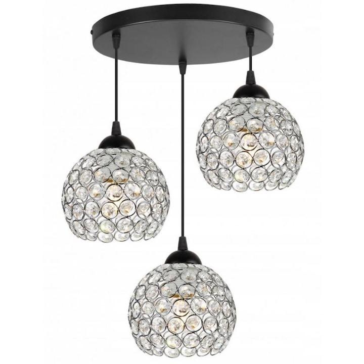 Plafoniera suspendata, LightHome, Cristal, cristale LED, Retea de alimentare, 60 W, 3 puncte luminoase, 14 cm, 90x40 cm, E27, metal, Crom/Transparent