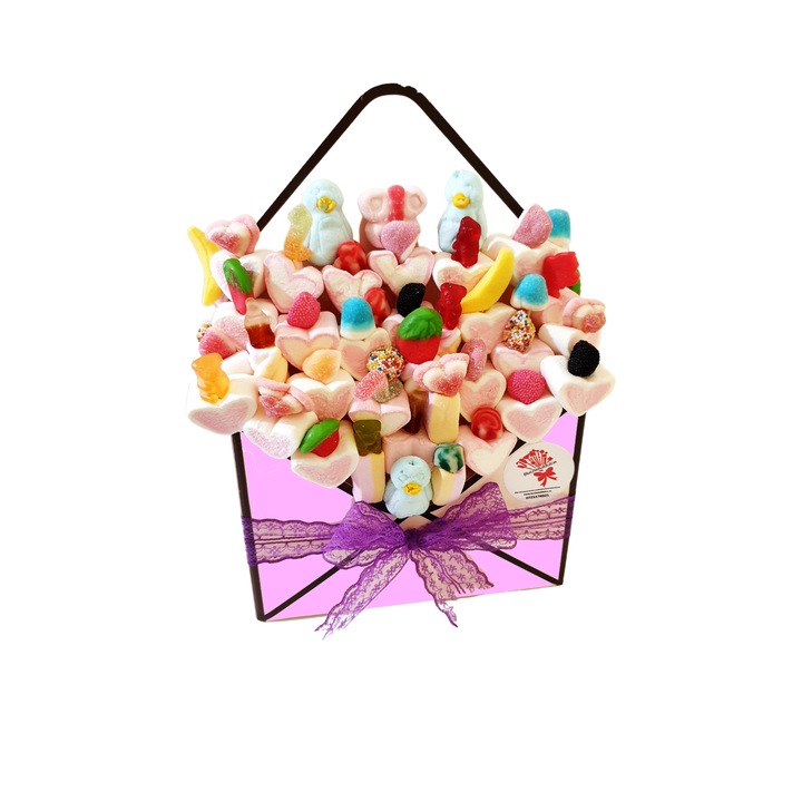 Aranjament dulce cu jeleuri si marshmallow, cutie plic