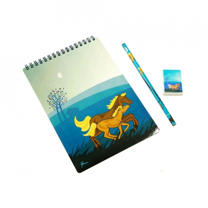 Set Carnetel cu creion si radiera, A5, cu pagini distando colorate, Multicolor