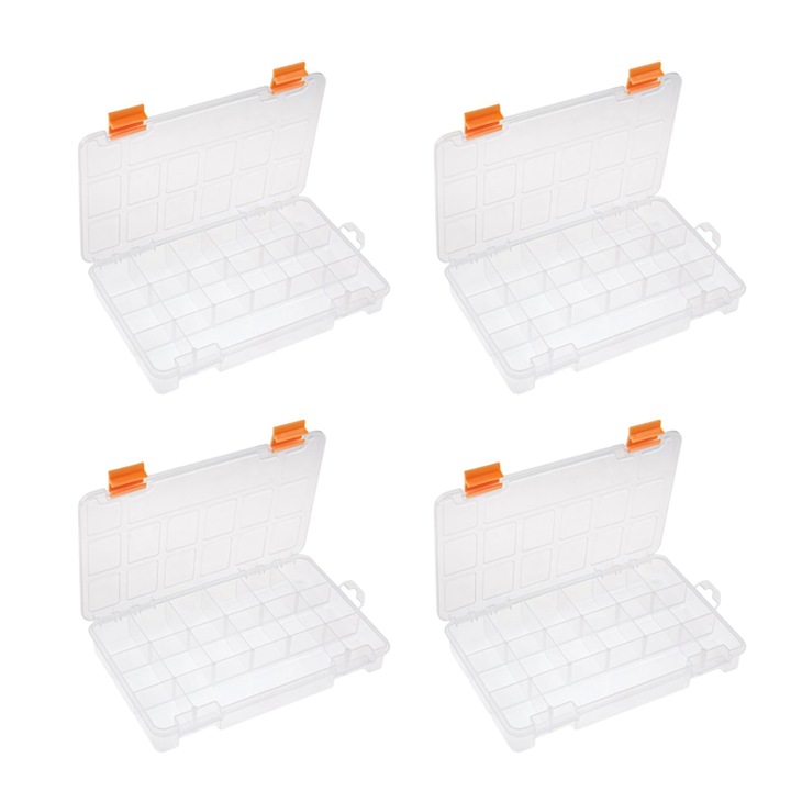 Set 4 cutii depozitare/organizare, transparente, 15 compartimente, 23x15x3.3 cm