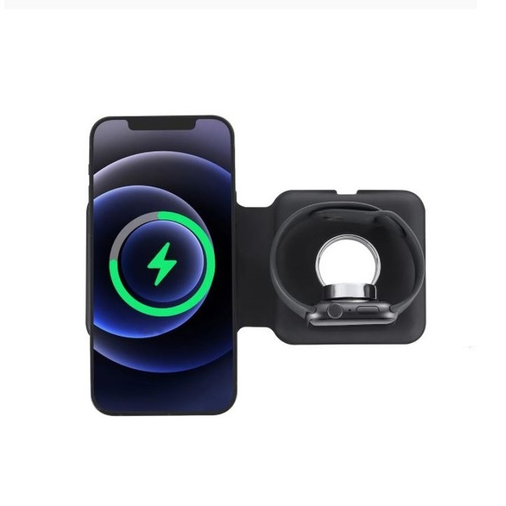 Докинг станция за телефон WoW Gadgets Shop, За iPhone, За airpod, За iWatch, Безжично магнитно зареждане 3 in 1, USB-C, Черен