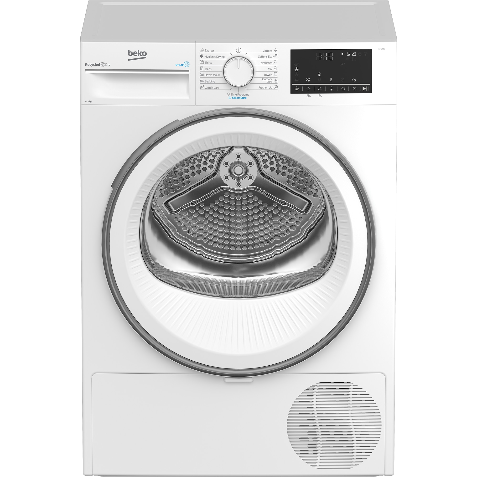 Uscator de rufe Beko B3T67230, 7 kg, Clasa D, Pompa de caldura, SteamCure, Hygienic Dry, Recycled Dry, Alb