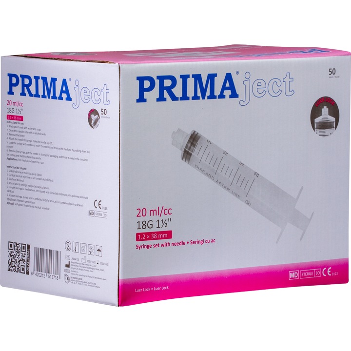Set 50 bucati Seringi Luer Lock 20ml, PRIMA, cu ac 18G