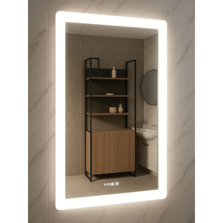 Oglinda cu iluminare LED Badenmob, functie dezaburire, ceas, data si termometru, MD2, 60x80cm, clasa energetica G